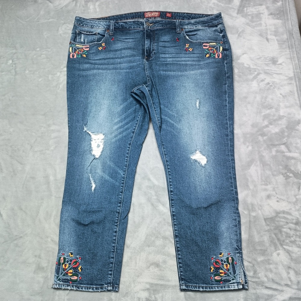Lucky Brand Jeans Womens 22W Blue Embroidered Distressed Crop Straight Leg Boho